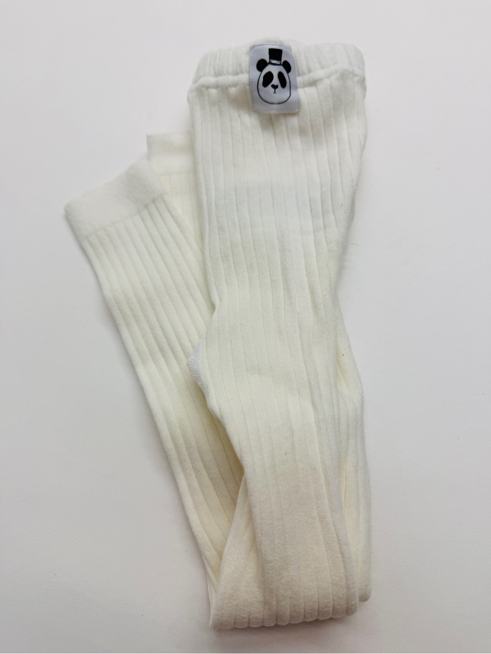 Mini Rodini White Ribbed Footless Tights with Panda Patch